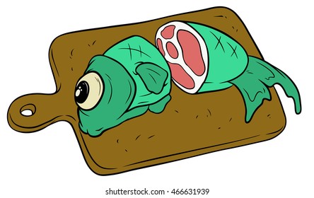 A vector illustration of cartoon fish on wooden cutting board