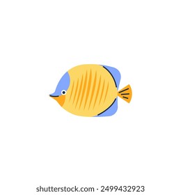 Vector illustration of a cartoon fish with orange stripes with fins, tail and a happy smile on a white background. Ideal for a theme of tropical animals.