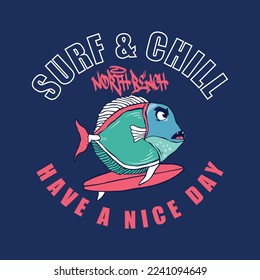 Ilustración vectorial de los peces de dibujos animados y la tipografía. Para camisetas de niños.