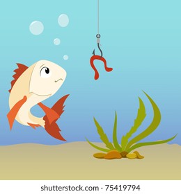 Vector illustration. Cartoon fish underwater and earthworm on the hook