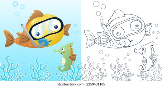 Vector illustration of cartoon fish wearing diving goggles with seahorse. Coloring book or page