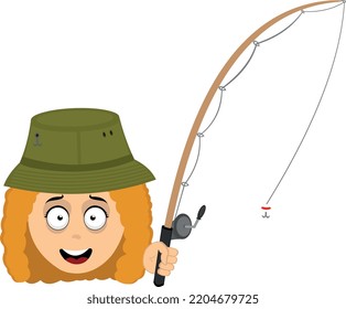 Vector illustration of a cartoon fisher woman with a hat and a fishing rod in her hand