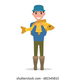 Vector Illustration Of A Cartoon Fisherman Holding A Fish. Isolated White Background. A Man Is Holding A Large Carp. Flat Style. The Fisher Caught A Big Fish.