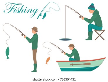 Vector Illustration Of A Cartoon Fisherman, Man Catching Fish On Fishing Rod 