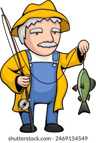 Ilustración vectorial de un pescador de dibujos animados con chaqueta y sombrero amarillos, mostrando su última captura.