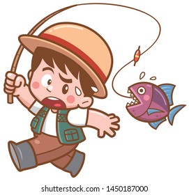 Vector illustration of Cartoon fishing Boy   scaring fish