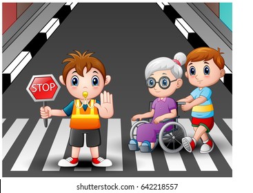 Ilustración vectorial del emblema de caricaturas y niño ayuda a la abuela en silla de ruedas a cruzar la calle