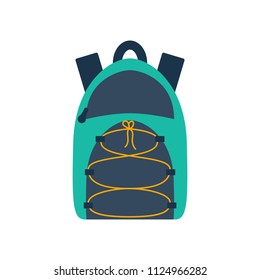 Vector illustration with cartoon flat backpack and sport suitcase. Flat school backpack. Mountain tourist equipment. Hiking, camping, climbing, outdoor sport backpack. Vector cartoon flat icons