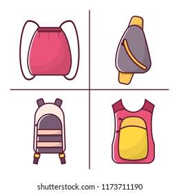 Vector illustration with cartoon flat backpack and sport suitcase. Flat school backpack. Mountain tourist equipment. Hiking, camping, climbing, outdoor sport backpack. cartoon flat background