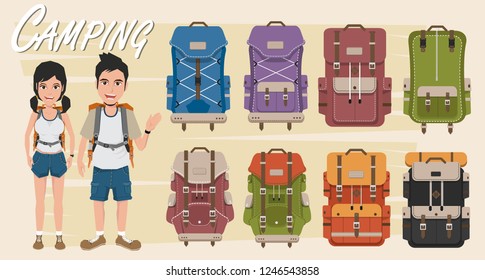 Vector illustration with cartoon flat backpack and sport suitcase. Flat school backpack. Mountain tourist equipment. Hiking, camping, climbing