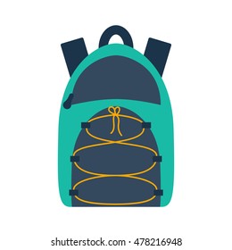 Vector illustration with cartoon flat backpack and sport suitcase. Flat school backpack. Mountain tourist equipment. Hiking, camping, climbing, outdoor sport backpack. Vector cartoon flat icons