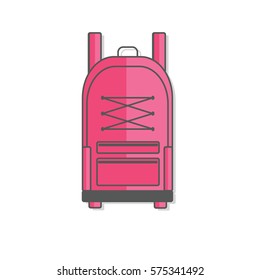 Vector illustration with cartoon flat backpack and sport suitcase. Flat school backpack. Mountain tourist equipment. Hiking, camping, climbing, outdoor sport backpack. Vector cartoon flat icons