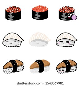 Vector illustration of cartoon flat and cute sushi. Seaweed wrapped rice and caviar, squid and eel sushi on white background. 