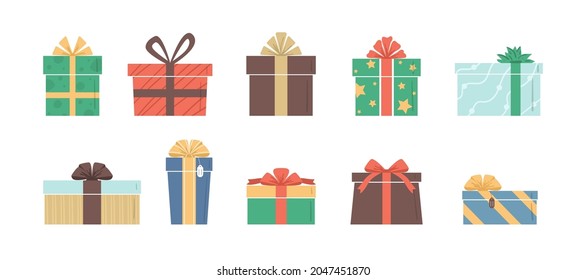 Vector illustration of cartoon flat cute color gift boxes set isolated on white background. Christmas or birthday presents collection, anniversary or Valentine`s day gifts boxes.