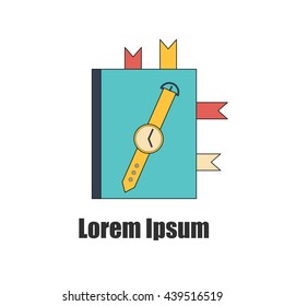 Vector illustration with cartoon flat diary and watch. Business organizer background. 