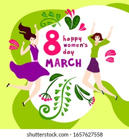 vector illustration cartoon flat greating card 8 march happy women's day two jumping girls toung happy cute flovers leaves