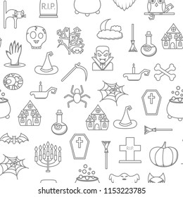 Vector illustration with cartoon flat Halloween icon. October autumn seamless background. Pumpkin, ghost, witch hat, potion. Funny cartoon Halloween scary icons