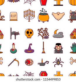 Vector illustration with cartoon flat Halloween icon. October autumn seamless background. Pumpkin, ghost, witch hat, potion. Funny cartoon Halloween scary icons