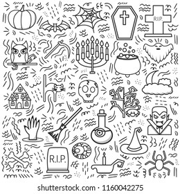 Vector illustration with cartoon flat Halloween icon. October autumn background. Pumpkin, ghost, witch hat, potion. Funny cartoon Halloween scary icons