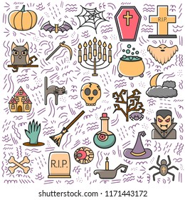 Vector illustration with cartoon flat Halloween icon. October autumn background. Pumpkin, ghost, witch hat, potion. Funny cartoon Halloween scary icons