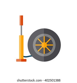 Vector illustration with cartoon flat hand pump and car wheel. Car repair service concept. Icon or logo car concept. Equipment for repair. 