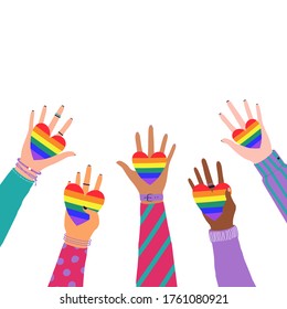 Vector illustration of cartoon flat Hands Holding Hearts with rainbow colors. LGBTQ+  symbol of Love, Freedom, Peace, Lesbian. Gay Pride Community Month