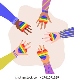 Vector illustration of cartoon flat Hands Holding Hearts with rainbow colors. LGBTQ+  symbol of Love, Freedom, Peace, Lesbian. Gay Pride Community Month