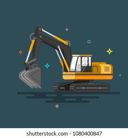 Vector illustration with cartoon flat industrial excavator. Vector construction equipment. Colorful illustrations.