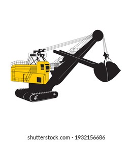Vector illustration with cartoon flat industrial excavator. Vector construction equipment. Mining flat transportation. Heavy machinery object. Isolated excavator on white background. Children toy