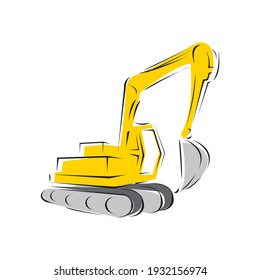 Vector illustration with cartoon flat industrial excavator. Vector construction equipment. Mining flat transportation. Heavy machinery object. Isolated excavator on white background. Children toy