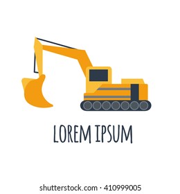 Vector illustration with cartoon flat industrial excavator. Vector construction equipment. Mining flat transportation. Heavy machinery object. Isolated excavator on white background. Children toy