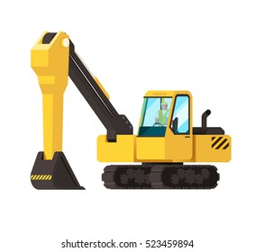 Vector illustration with cartoon flat industrial excavator. Vector construction equipment. Mining flat transportation. Heavy machinery object. Isolated excavator on white background. Children toy