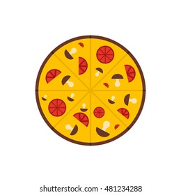 Vector illustration with cartoon flat isolated pizza on white background. Italian cuisine vector icon. Fast food. Cartoon italian restaurant or cafe menu. Mozarella, tomato sauce, basil food