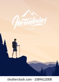 Vector illustration: Cartoon flat landscape with character hiker on foreground and handwritten lettering of Mountains.
