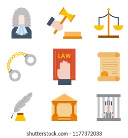 Vector illustration with cartoon flat law justice icons set. Judge court design. Trial lawyer, crime vector background