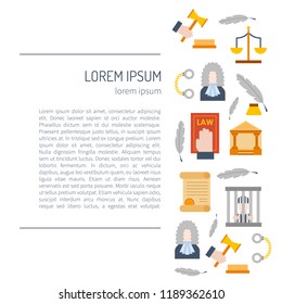Vector illustration with cartoon flat law justice icons set. Judge court design. Trial lawyer, crime vector background