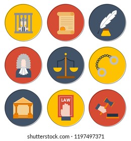 Vektorillustration Illustration mit Cartoon flachen Recht Symbole gesetzt. Entwurf des Richtergerichts. Prozessanwalt, Hintergrund der kriminellen Vektorillustration