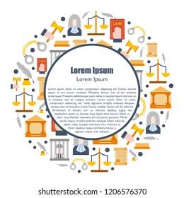 Vector illustration with cartoon flat law justice icons set. Judge court design. Trial lawyer, crime vector background