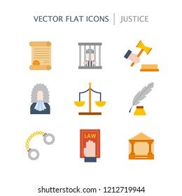 Vector illustration with cartoon flat law justice icons set. Judge court design. Trial lawyer, crime vector background