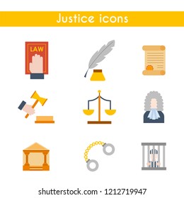 Vector illustration with cartoon flat law justice icons set. Judge court design. Trial lawyer, crime vector background