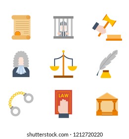 Vector illustration with cartoon flat law justice icons set. Judge court design. Trial lawyer, crime vector background