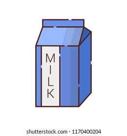 Vector illustration with cartoon flat milk carton box. Dairy packaging design. Fresh farm products icon. blue milk box