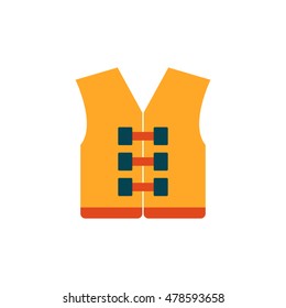 Vector illustration with cartoon flat orange life jacket or vest. Swimming, boat, sea trip protection icon. Life saver on the sea. Vector icon on white background