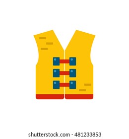 Vector illustration with cartoon flat orange life jacket or vest. Swimming, boat, sea trip protection icon. Life saver on the sea. Vector icon on white background
