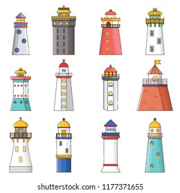 Vector illustration with cartoon flat outline set of buildings lighthouses. Sea travel elements. Marine object. Large lighthouse, sea beach icon. Architecture object, exploring surrounding area coast