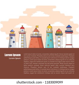 Vector illustration with cartoon flat outline background of lighthouses. Sea travel elements. Marine object. Large lighthouse, sea beach icon. Architecture object, exploring surrounding area coast