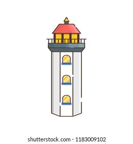 Vector illustration with cartoon flat outline of building lighthouse. Sea travel elements. Marine object. Large lighthouse, sea beach icon. Architecture object, exploring surrounding area coast