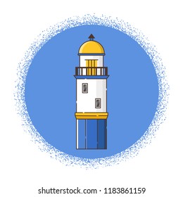 Vector illustration with cartoon flat outline of building lighthouse. Sea travel elements. Marine object. Large lighthouse, sea beach icon. Architecture object, exploring surrounding area coast