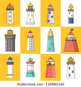 Vector illustration with cartoon flat outline set of buildings lighthouses. Sea travel elements. Marine object. Large lighthouse, sea beach icon. Architecture object, exploring surrounding area coast