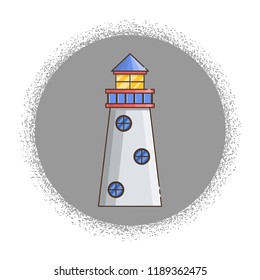Vector illustration with cartoon flat outline of building lighthouse. Sea travel elements. Marine object. Large lighthouse, sea beach icon. Architecture object, exploring surrounding area coast